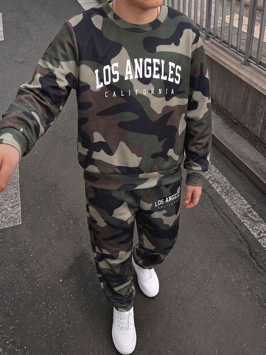 Tween Boy Casual Minimalist Loose Comfortable Long Sleeve Crew Neck Sweatshirt 2 Pieces Set, Suitable For Autumn/Winter, Classic Handsome Retro Camouflage Pattern Print, Classic Popular City Name Los Angeles Text Pattern Print - Multicolor - View 1