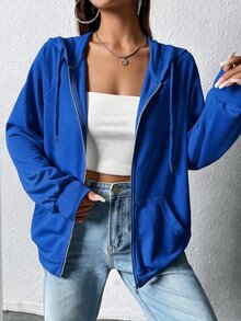 SHEIN EZwear 拉鍊式插肩袖抽繩連帽衫，秋冬長袖上衣 - 寶藍色 - 查看 3