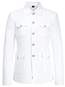 Calvornis Men's Safari Slim Fit Mandarin Collar Multi-Pocket Suit Blazer, Formal, Old Money - White - View 5