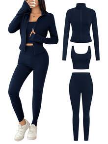 SHEIN EZwear 休閒極簡純色海軍藍針織女款運動套裝，適合秋冬底層穿搭、瑜伽、跑步與運動 - 藏蓝色 - 查看 10