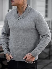 Manfinity CasualCool Men's Textured Knit Pullover Sweater, Business Casual Solid Color Minimalist Knitwear - Grey - View 1