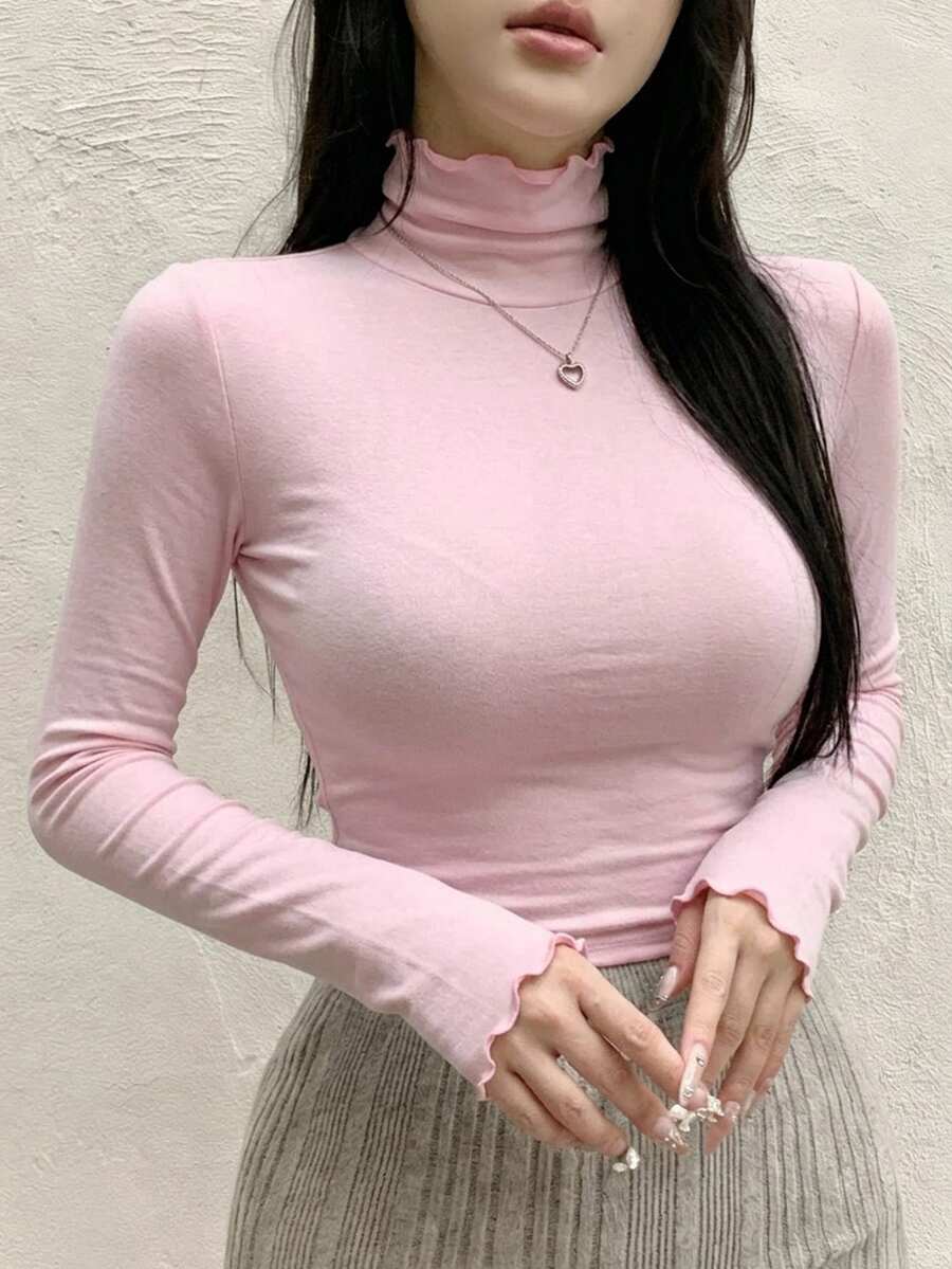DAZY 女款純色高領長袖荷葉邊修身T恤 - 粉色 - 查看 1