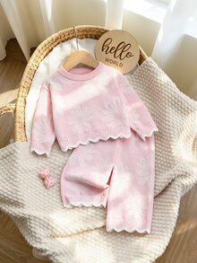SHEIN Baby Outfit Set Pink Floral Baby Sweater Set Round Neck Long Sleeve Knit Top And Pants - Baby Pink - View 1