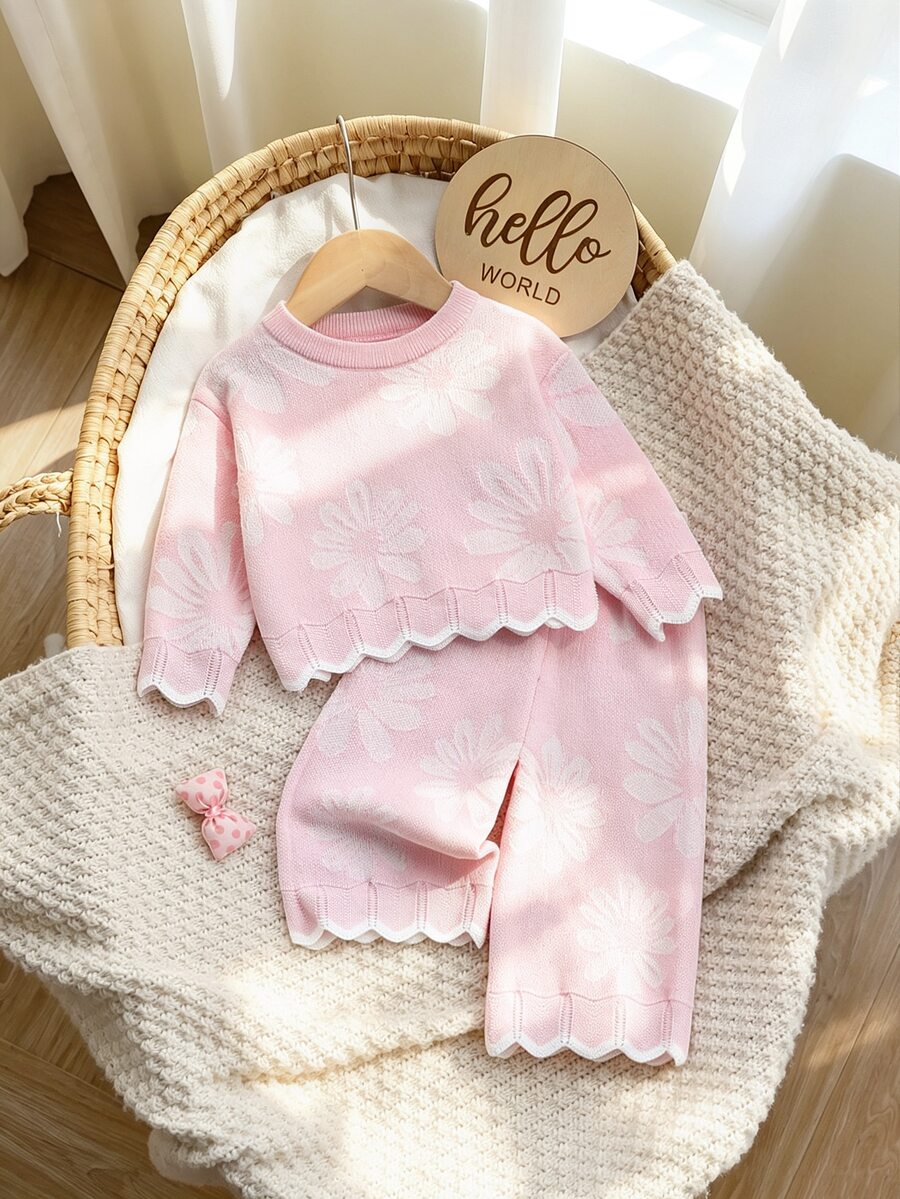 SHEIN Baby Outfit Set Pink Floral Baby Sweater Set Round Neck Long Sleeve Knit Top And Pants - Baby Pink - View 1