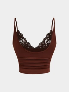 Sweetra Setelan Atasan 2 Potong Wanita Ukuran Plus Eropa dengan Motif Renda, Potongan Pendek Tanpa Punggung, Model Slimming, dan Atasan Tanpa Lengan Berbahan Pendek. - Hitam - View 5