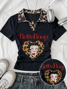 Attitoon Betty Boop x SHEIN 女款聯名印花圖案T恤，適合外出、街頭風、機場穿搭、時尚、返校、Y2K、派對、海灘度假、假期 - 彩色 - 查看 6