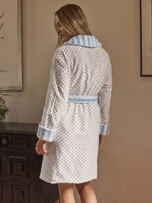 Aralina Women's Sleepwear Fall Winter Reversible Cute Soft Brushed Textured Stripe Fabric With Contrast Polk - Blue and White - View 5