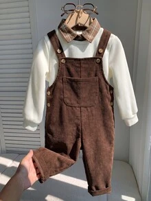 SHEIN 兒童小男孩/小女孩 2件組秋冬休閒時尚運動衫套裝，POLO領運動衫搭配綠色燈芯絨吊帶褲套裝，小男孩秋冬服飾套裝，Squishy - 卡其色 - 查看 6