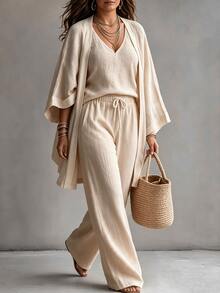 Linhara CURVE Plus Size Faux Cotton Textured Fabric Ruffle Sleeve Long Sleeve Open Front Kimono Cardigan + Simple Camisole Top + Elastic Waist Loose Straight Leg Pants 3-Piece Set Casual Outing Date Party Daily Commute Outfit - Apricot - View 6
