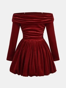 Pitira Tween Girl Knitted Cherry Off-Shoulder Long Sleeve Tulip Hem Elegant Dress - Red - View 2
