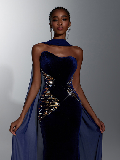 Elitara Elegant Romantic Fashion Minimalist Navy Blue Velvet Asymmetrical Neckline Strapless Dress, Comes With Shawl, Heavy Rhinestone & Crystal Embellished Waist, Mermaid Tail Skirt With Train, Suitable For Holiday, Vacation, Birthday Party, Wedding Event, Formal Evening Gala (Heavy Embellished Style)