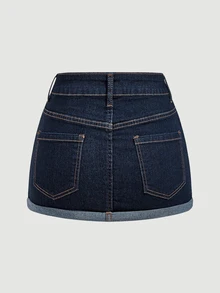 SHEIN MOD 大尺碼性感鈕扣口袋牛仔迷你裙 - 藍色 - 查看 2