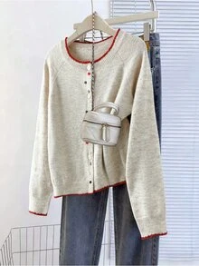 SHEIN LUNE Plus Size Women's Colorblock Casual Versatile Daily Wear Cardigan - Multicolor - View 1