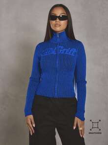 MUSERA Contrast Rib Slogan High Neck Zip Through Cardigan Winter Fall Autumn Cute Casual - Blue - View 1
