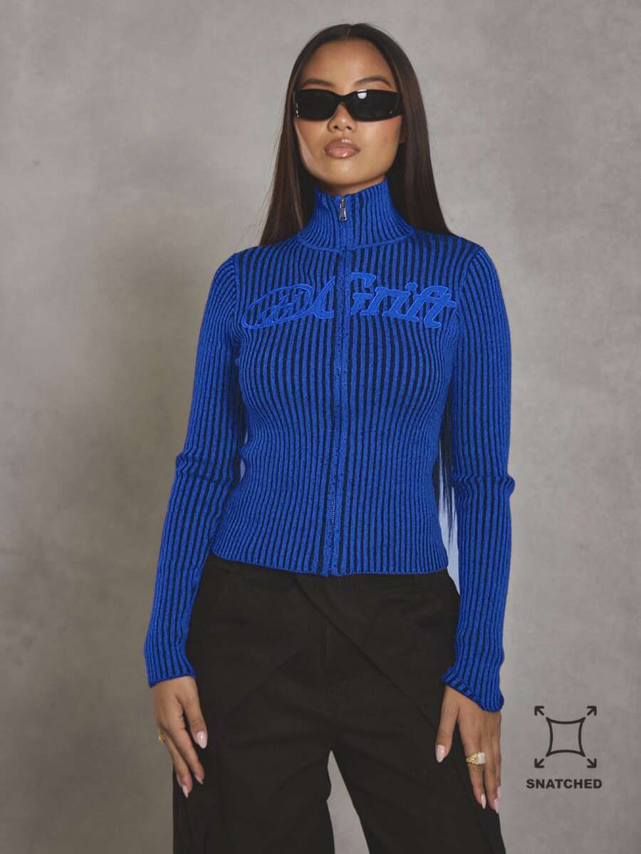 MUSERA Contrast Rib Slogan High Neck Zip Through Cardigan Winter Fall Autumn Cute Casual - Blue - View 1