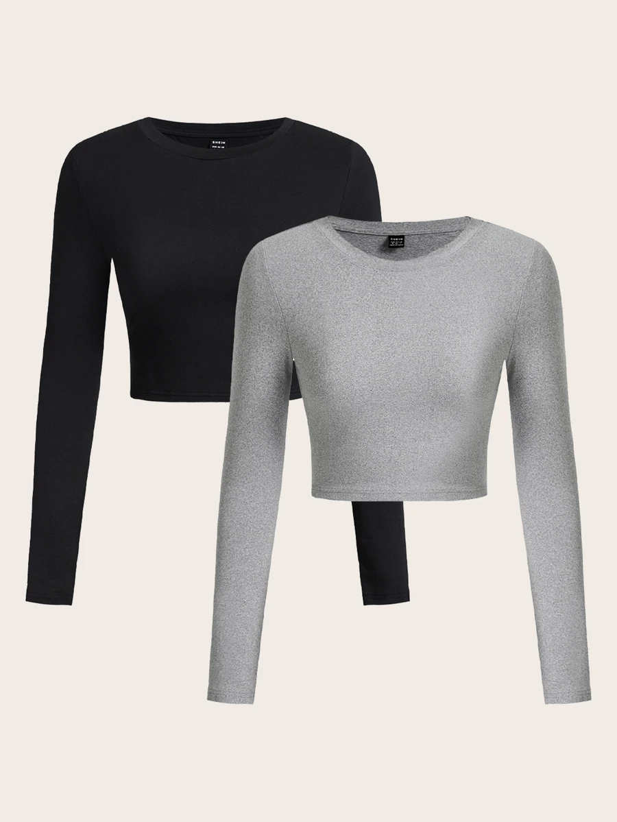 SHEIN EZwear 女款純色圓領長袖休閒百搭T恤(2件組) - 彩色 - 查看 1