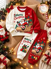男童 (小號) 運動衫套裝，紅白色上衣印有聖誕老人坐雪橇圖案與「Merry Christmas」文字，雪花與星星裝飾，搭配紅白配色長褲，相同聖誕印花，羅紋袖口與下擺 - 彩色 - 查看 3