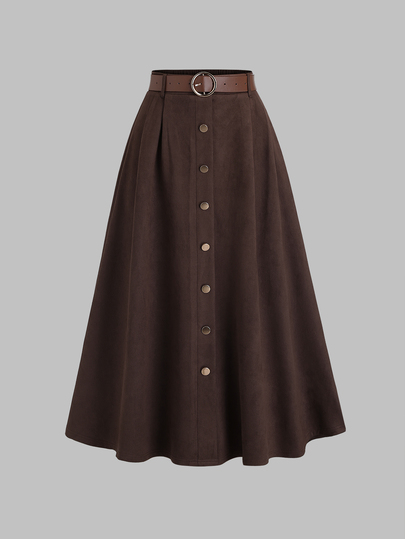 Sweetra Tall Autumn/Winter Women's Coffee Brown Suede Single-Breasted Design High-Waist Skirt