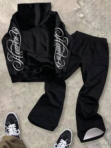 SHEIN 青少年男孩字母與角色圖案連帽衛衣與運動長褲休閒日常套裝 - 黑色 - 查看 2