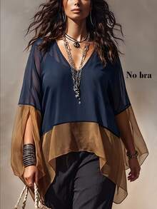 Linhara CURVE Colorblock Patchwork Sheer Mesh V-Neck Cover Up, Loose Batwing Sleeve Lightweight Airy Shirt Top - Navy Blue - View 4