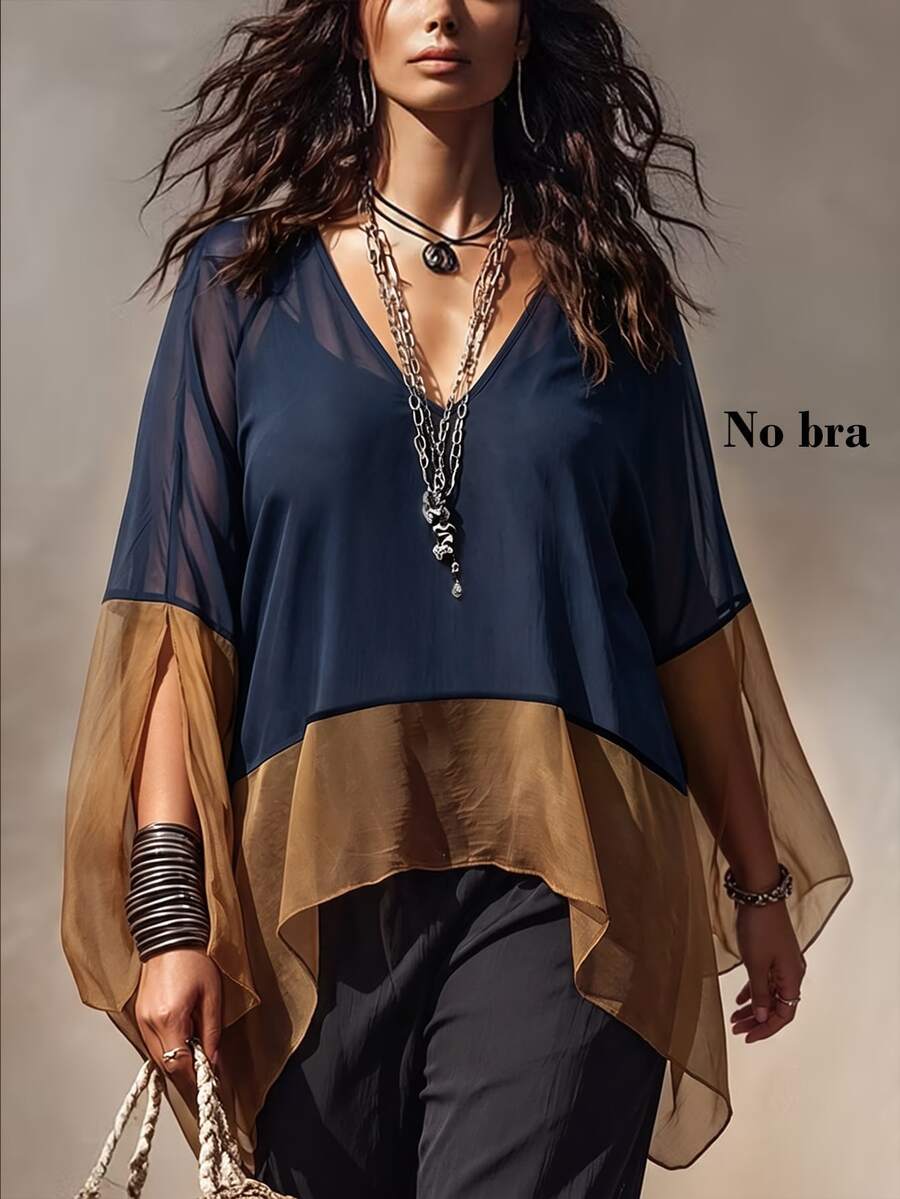 Linhara CURVE Colorblock Patchwork Sheer Mesh V-Neck Cover Up, Loose Batwing Sleeve Lightweight Airy Shirt Top - Navy Blue - View 1