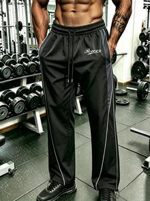 GymBeat Men's Letter Print Drawstring Waist Pocket Sports Long Pants - Black - View 1