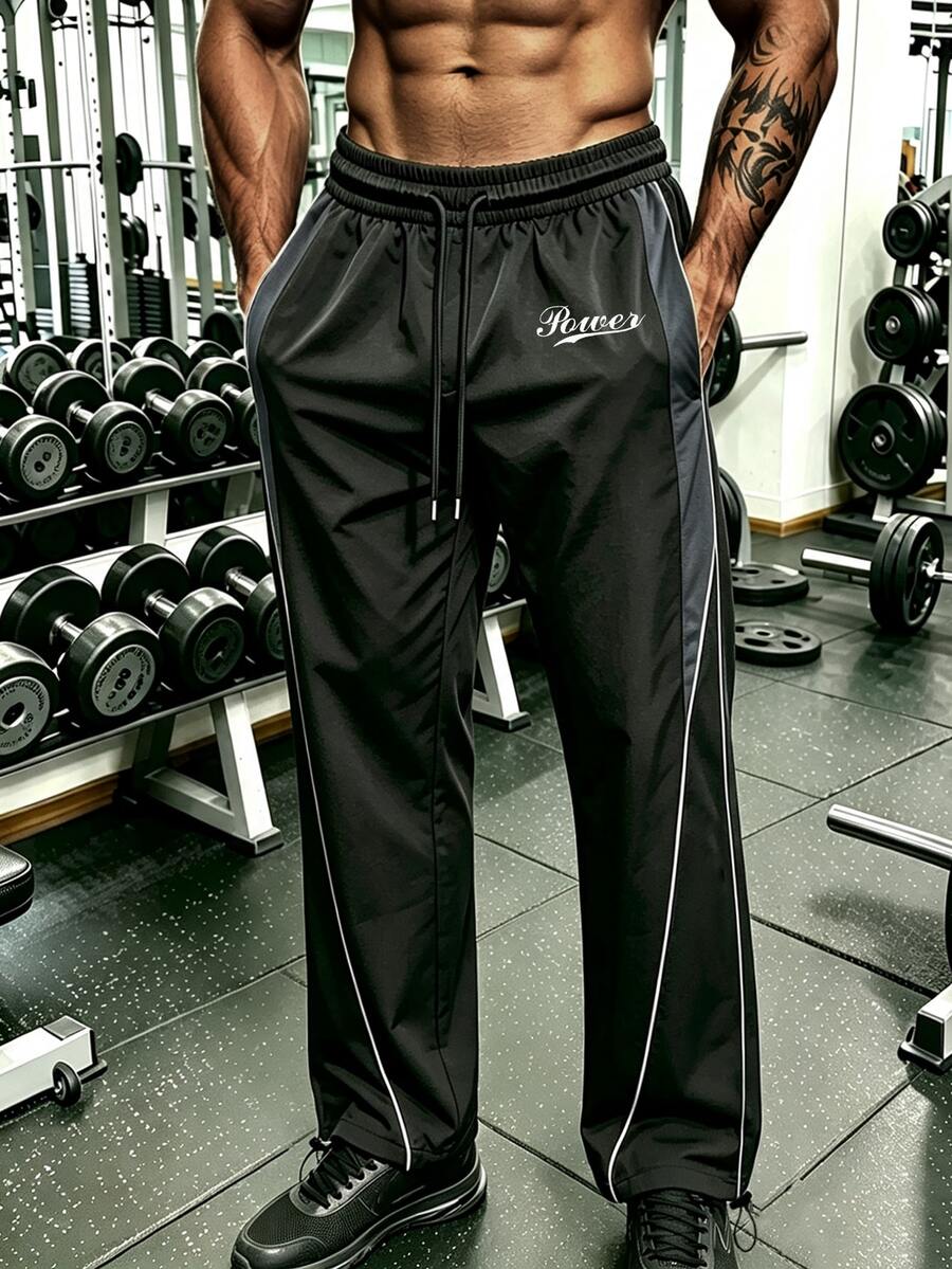 GymBeat Men's Letter Print Drawstring Waist Pocket Sports Long Pants - Black - View 1