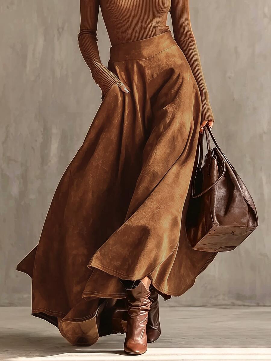 Glimmora Autumn/Winter Plus Size Women's Vintage Fashion Plus Size Flare Solid Color Pocket Skirt Fall - Burnt Orange - View 1