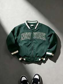 SHEIN Green Zipper Baseball Jacket, Ribbed Contrast Striped Collar, NEW YORK Letter Print, Woven Lightweight, Spring/Autumn - Dark Green - View 3