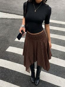 Aloruh 女款新款低腰不對稱下擺格紋裙，復古Y2K街頭風，休閒極簡日常百搭聚會棕色與白色波點秋季穿搭，秋季造型，女款通勤穿搭，百搭上衣，外出穿搭，機場穿搭 - 彩色 - 查看 3