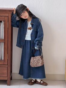 DAZY (Gadis Remaja) Set Denim 2 Potong Kasual Lucu Bahan Denim Washed Lengan Panjang Berkerah + Rok Lipit A-Line Kasual - Dark Wash - View 6
