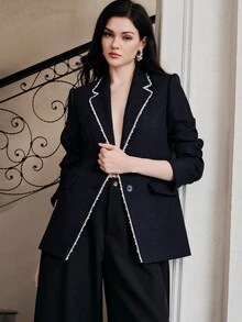 Anewsta Women's New Elegant Retro Modern Commuter Casual Daily Versatile Pearl Decorated Long Sleeve Blazer - Navy Blue - View 1
