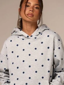 Athîral Women's Casual Loose Polka Dot Hooded Sweatshirt - Grey - View 6
