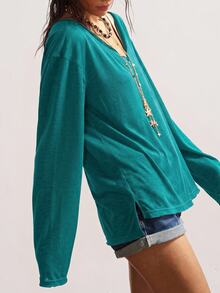 Bohemela Plus Size Women's Solid Color V-Neck Drop Shoulder Long Sleeve Casual Loose Fit T-Shirt - Green - View 3