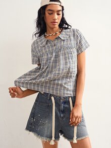 Bohemela Women's Korean Style Button Half-Placket Plaid Shirt - Blue and White - View 6
