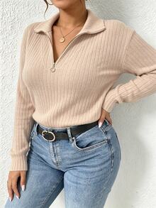 INAWLY Women's Plus Size New French Style Zipper Front Dropped Shoulder Textured Fabric T-Shirt, Winter Casual Spring Top - Apricot - View 7