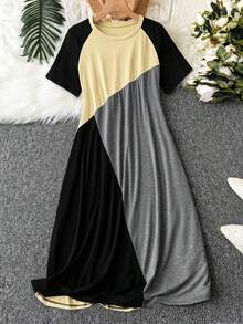 Linhara CURVE Plus Size Women's Colorblock Casual Daily Summer Dress - Apricot - View 3