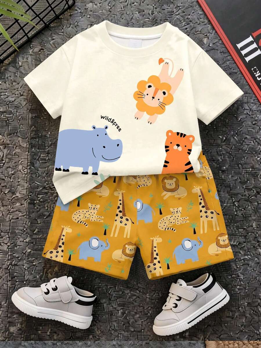 SHEIN Young Boy Casual Minimalist Cute Style Cartoon Animal Print Hand-Drawn Cartoon Pattern Round Neck Drop Shoulder Loose Knit Top Suitable For Spring And Summer - Multicolor - View 1
