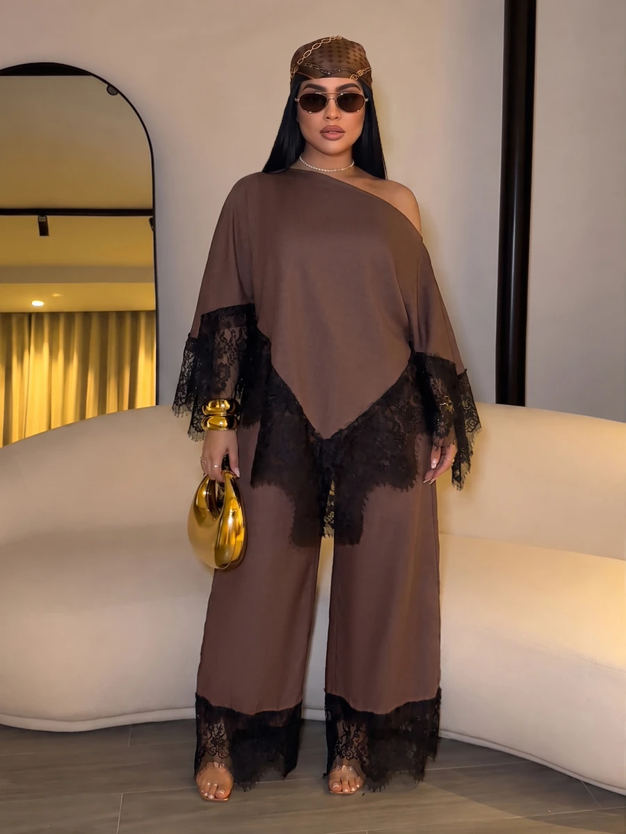 SOLERSUN Plus Size Women's Lace Patchwork Asymmetric Shoulder Top And Pants Casual Elegant Daily 2 Pieces Set Fall Brunch Party Brown - Coffee Brown - View 1