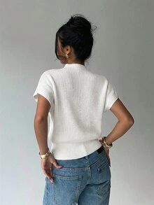 Aloruh 女款休閒通勤簡約純色漏斗領蝙蝠袖寬下擺針織上衣 - 白色 - 查看 2