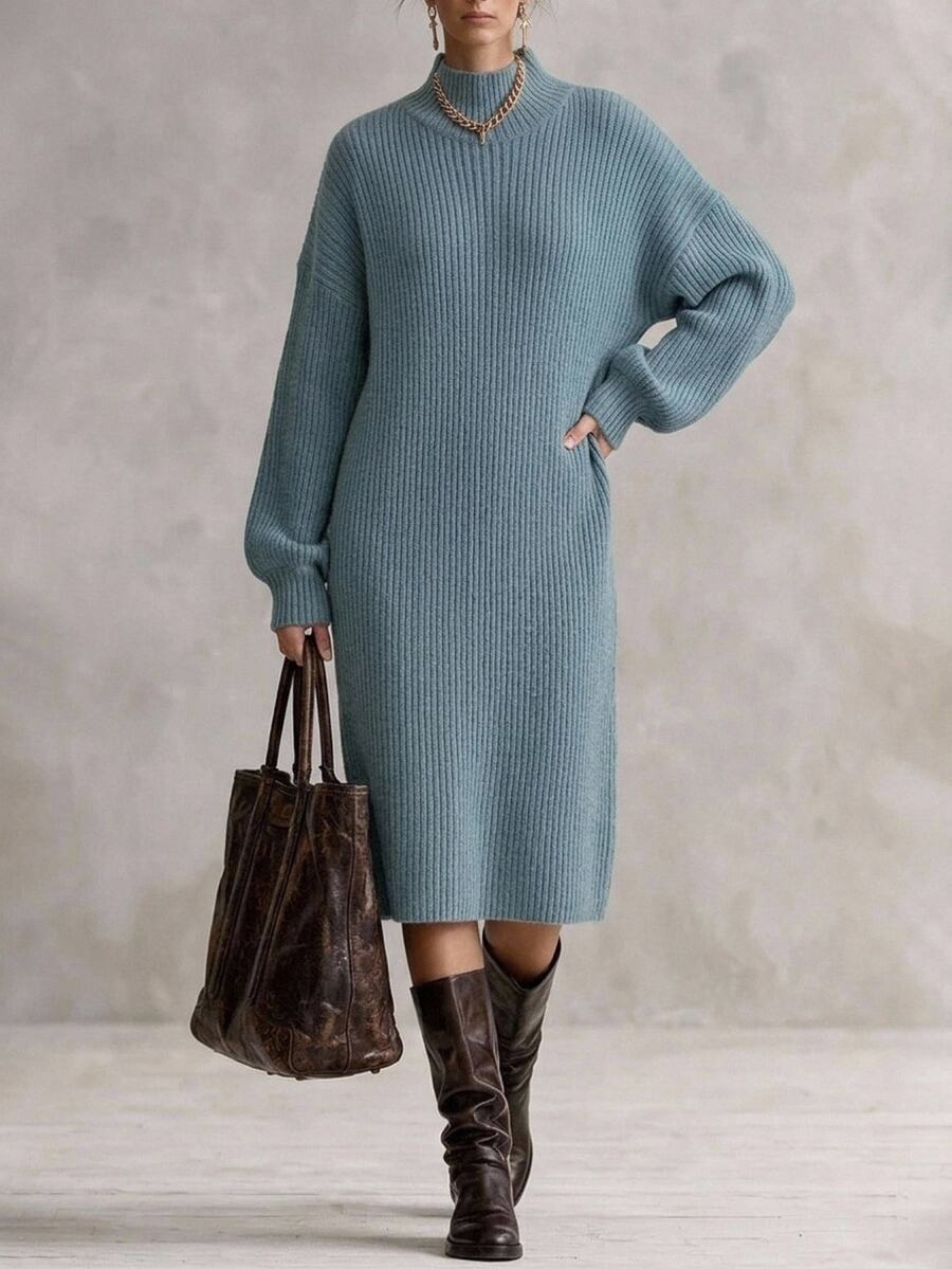 Solivie Women's Solid Color Casual Daily Wear Knit Dress - Baby Blue - View 1