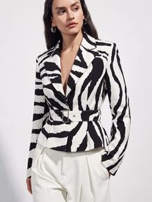 Aveloria Modichic Áo blazer nữ vai rộng họa tiết vằn ngựa vằn, eo chiết, kèm thắt lưng tháo rời, phong cách tối giản hiện đại đô thị - Đen và trắng - Xem 6
