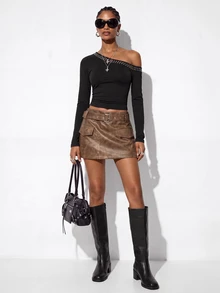 Aveloria GENKIRA Fall Coffee Brown Distressed Washed PU Leather Belt Decor Metal Buckle Elegant Grunge Design Low Waist Classic A-Line Mini Skirt Women's Skirt - Multicolor - View 3