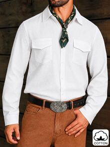 DREXORIN Men's Solid Color Long Sleeve Utility Pocket Casual Shirt - White - View 3