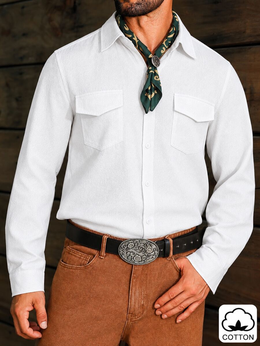DREXORIN Men's Solid Color Long Sleeve Utility Pocket Casual Shirt - White - View 1