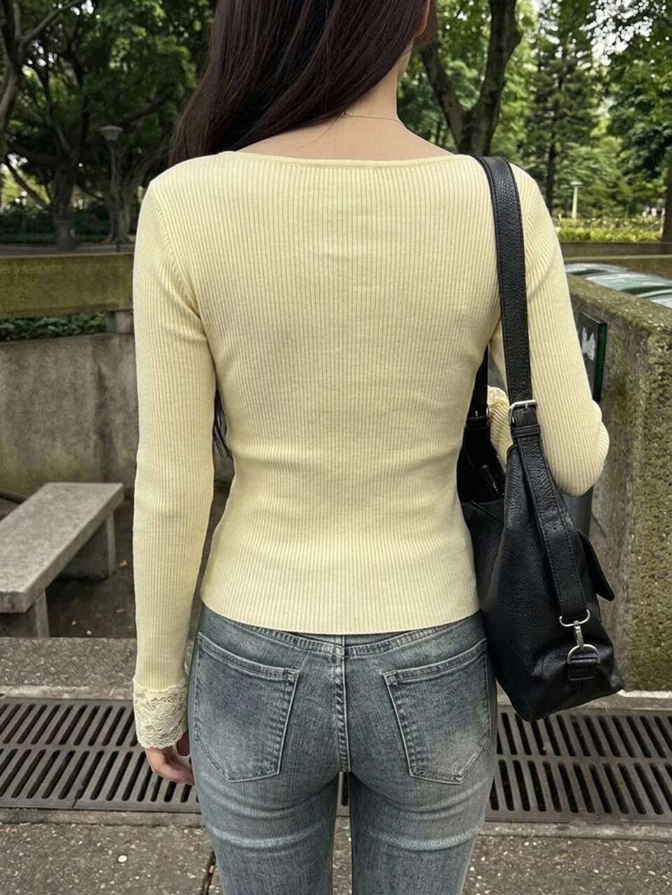 Women's Contrast Lace Fitted Elastic Ribbed Long Sleeve Scoop Neck Casual Vacation Daily Korean Style Autumn/Winter Knit Sweater