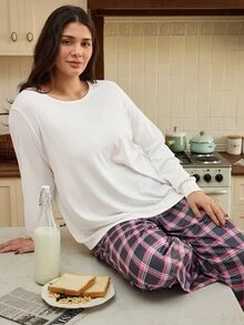 Doze Lane Plus Size Minimalist Round Neck Long Sleeve Top & Plaid Pants Loungewear Pajama Set - White - View 4