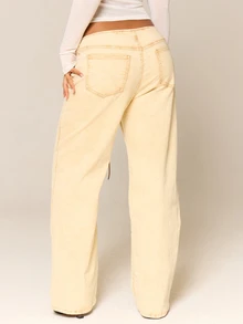 MUSERA Cream Denim Low Rise Lace Up Straight Leg Jeans Autumn Winter Night Out Everyday Back To School - Beige - View 4