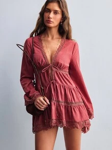 Willow Rêve Women's Woven Red-Brown V-Neck Mini Dress - Redwood - View 3