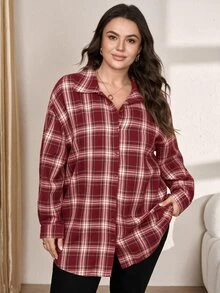 SHEIN LUNE 大尺碼女款格紋長袖單排扣休閒襯衫 - 彩色 - 查看 3